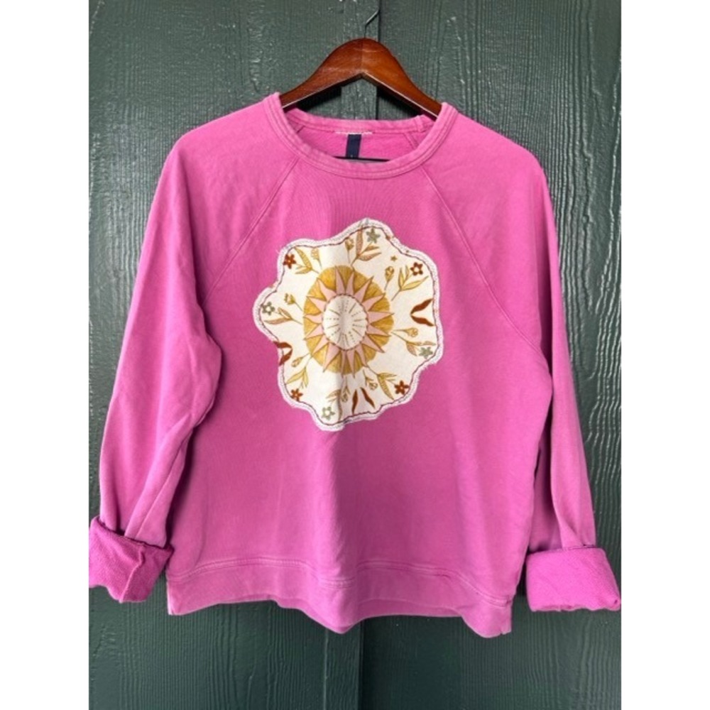 One of a kind Boho Sun Moon Patch Cotton Sweatshirt Berry Pink Raglan Pullover L